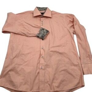 Axxess Mens XL Peach Textured Button Down Shirt Paisley Trim Long Sleeve Cotton